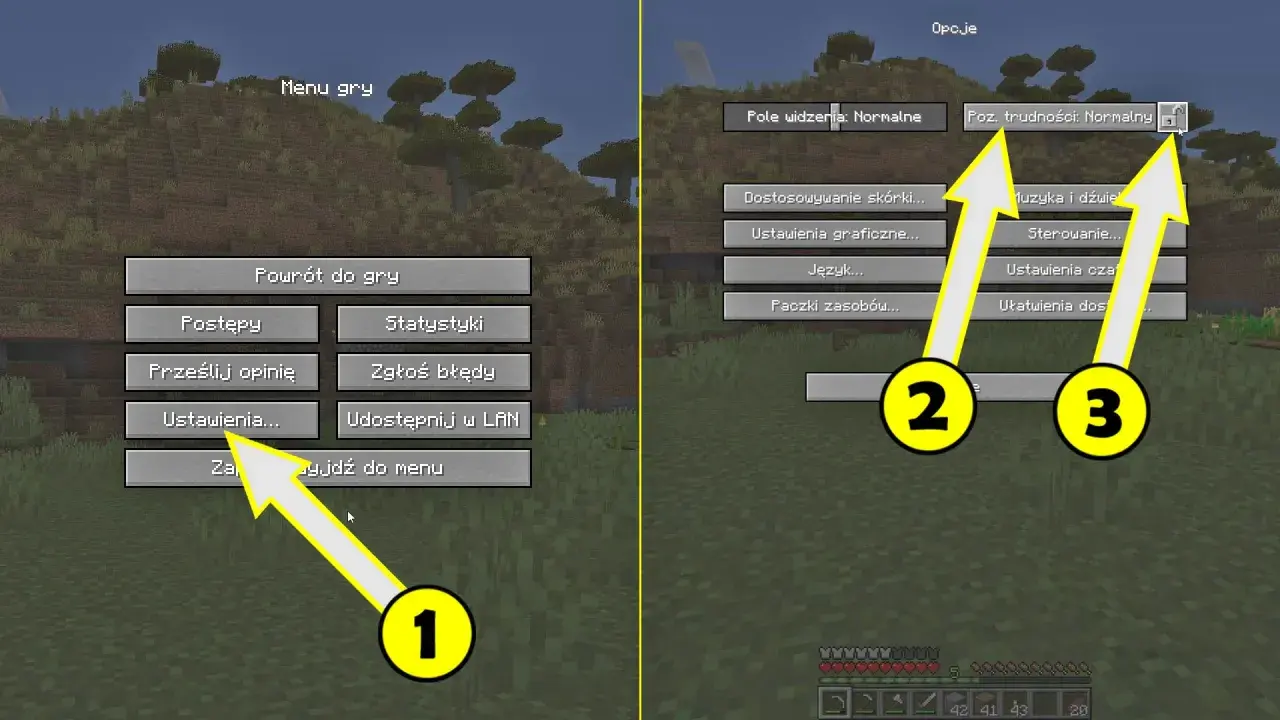 Jak zmienić poziom trudności w Minecraft komendą: kliknij "Ustawienia" (1), potem "Poz. trudności" (2, 3) i wybierz pożądany poziom.