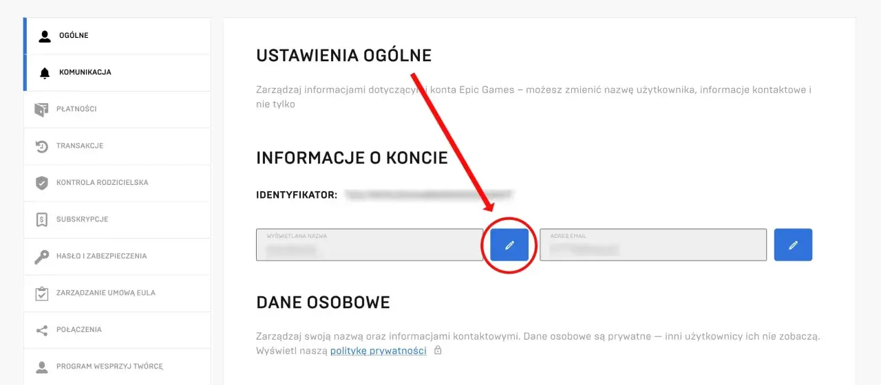 Zmiana nicku Fortnite w ustawieniach konta Epic Games. Kliknij ikonę edycji obok wyświetlanej nazwy, aby zmienić swój nick.