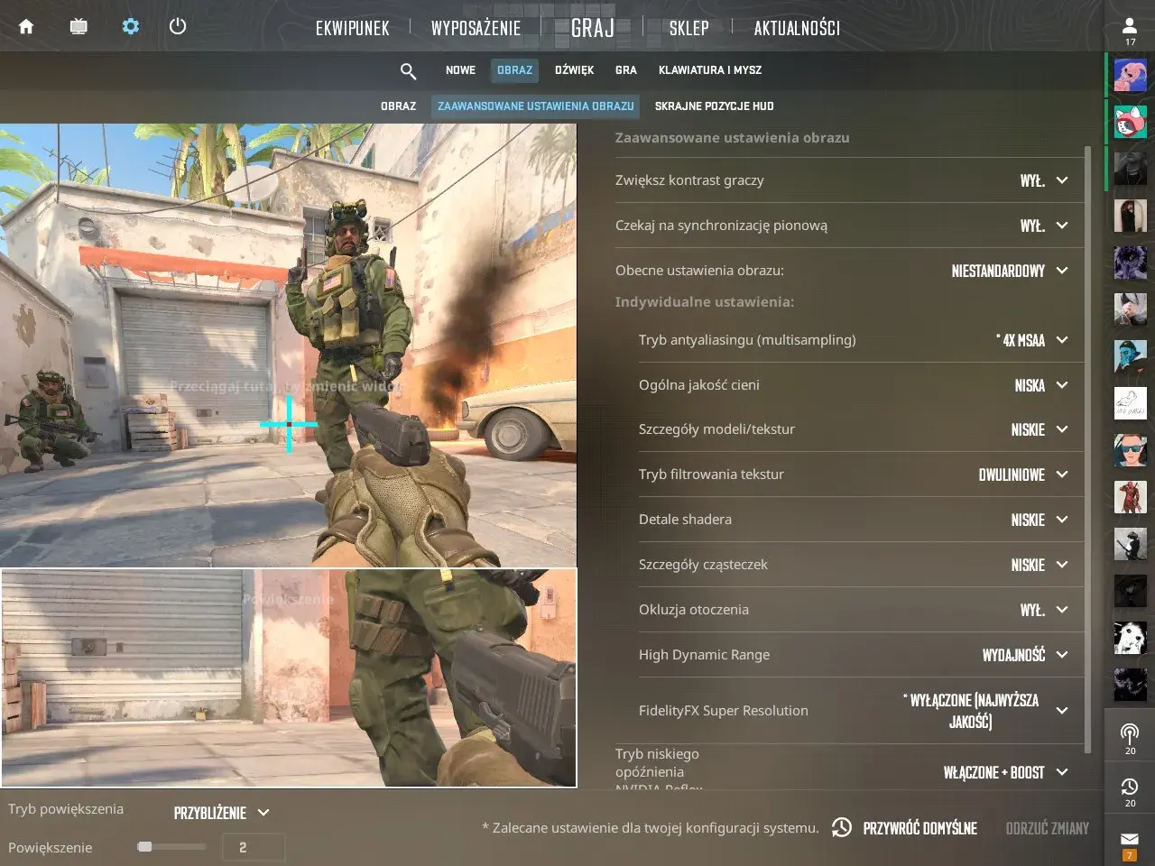 Ustawienia graficzne CS:GO, gdzie można znaleźć opcję jak wyłączyć rozgrzewkę. Widok menu z opcjami graficznymi.