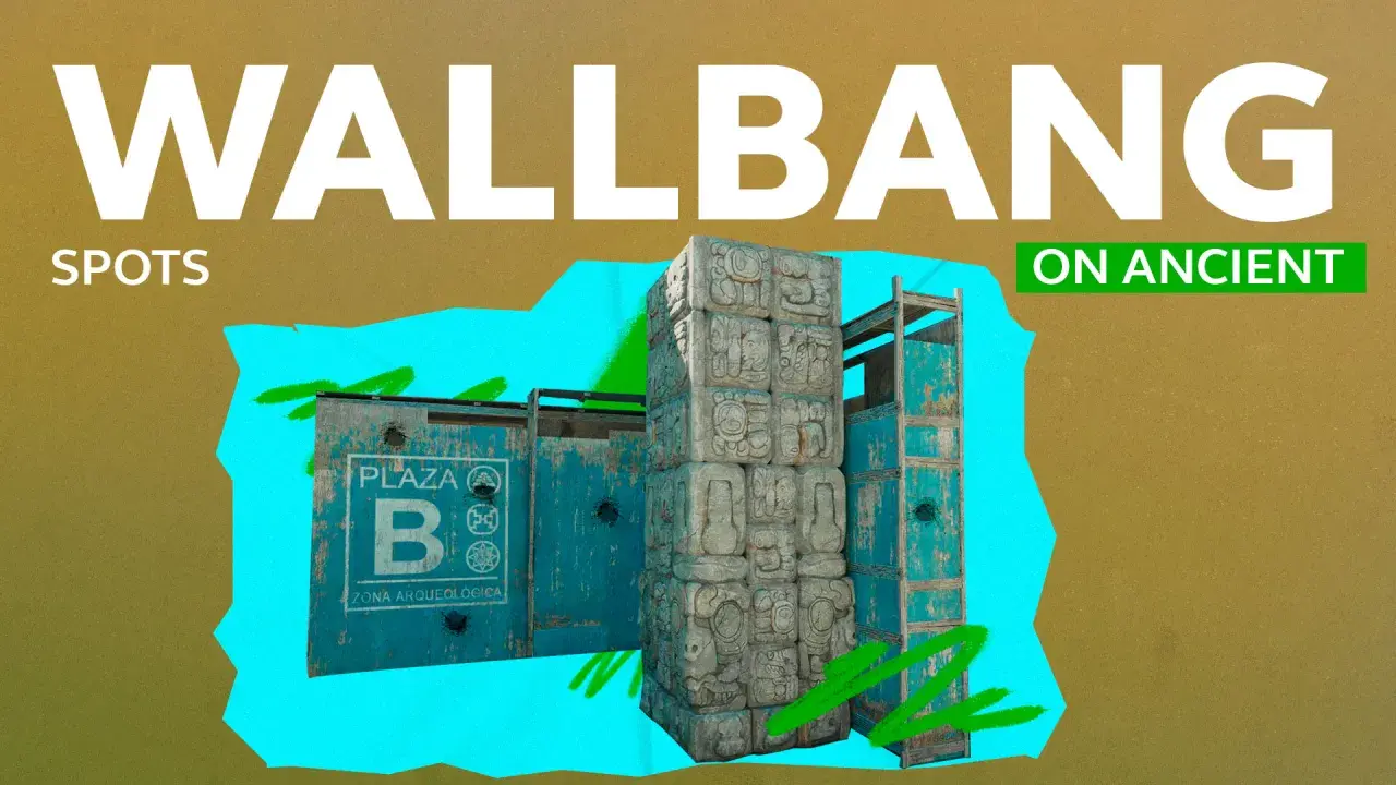 WALLBANG SPOTS ON ANCIENT" - kamienne bloki z hieroglifami, niebieskie ściany z napisem "PLAZA B ZONA ARQUEOLOGICA".