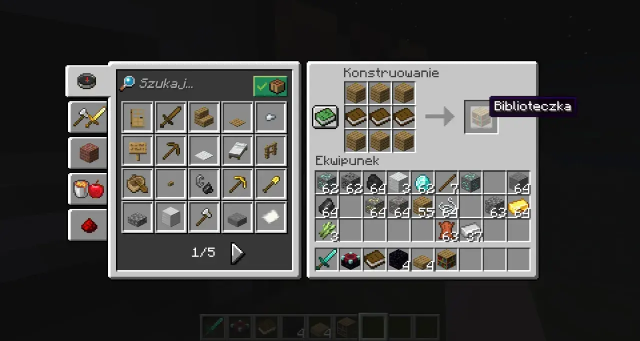Jak zrobić książkę z piórem w Minecraft? W crafting table ułóż 3 deski i 3 księgi, by stworzyć biblioteczkę.