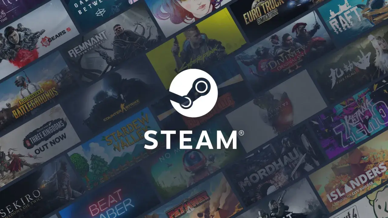 Tło z okładkami gier Steam, logo Steam i napisem "STEAM". Wiele tytułów, jak widać, ile jest gier na Steam.