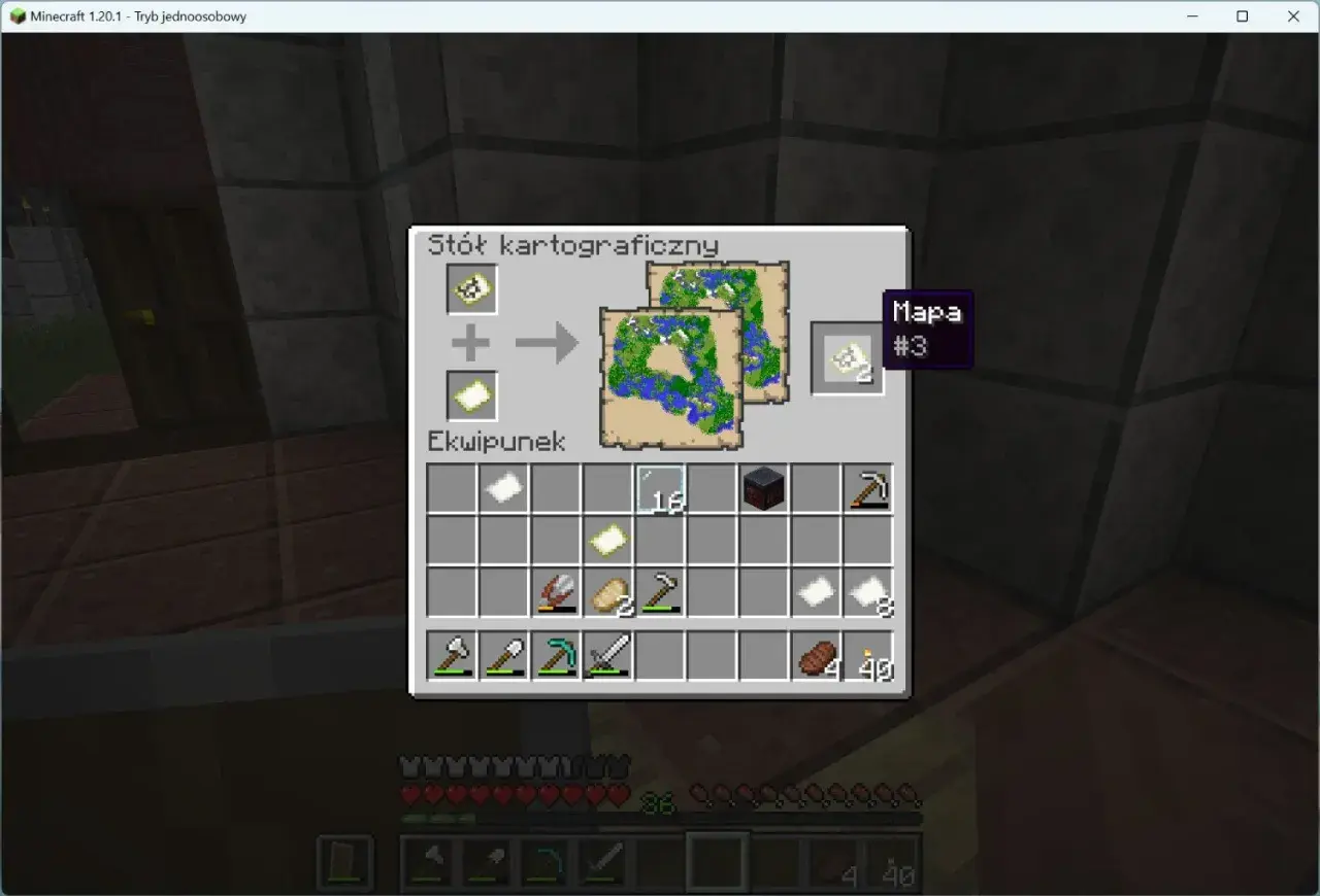 Jak zrobić stół kartograficzny w Minecraft: połącz mapę z pustą mapą, by stworzyć nową, powiększoną mapę.