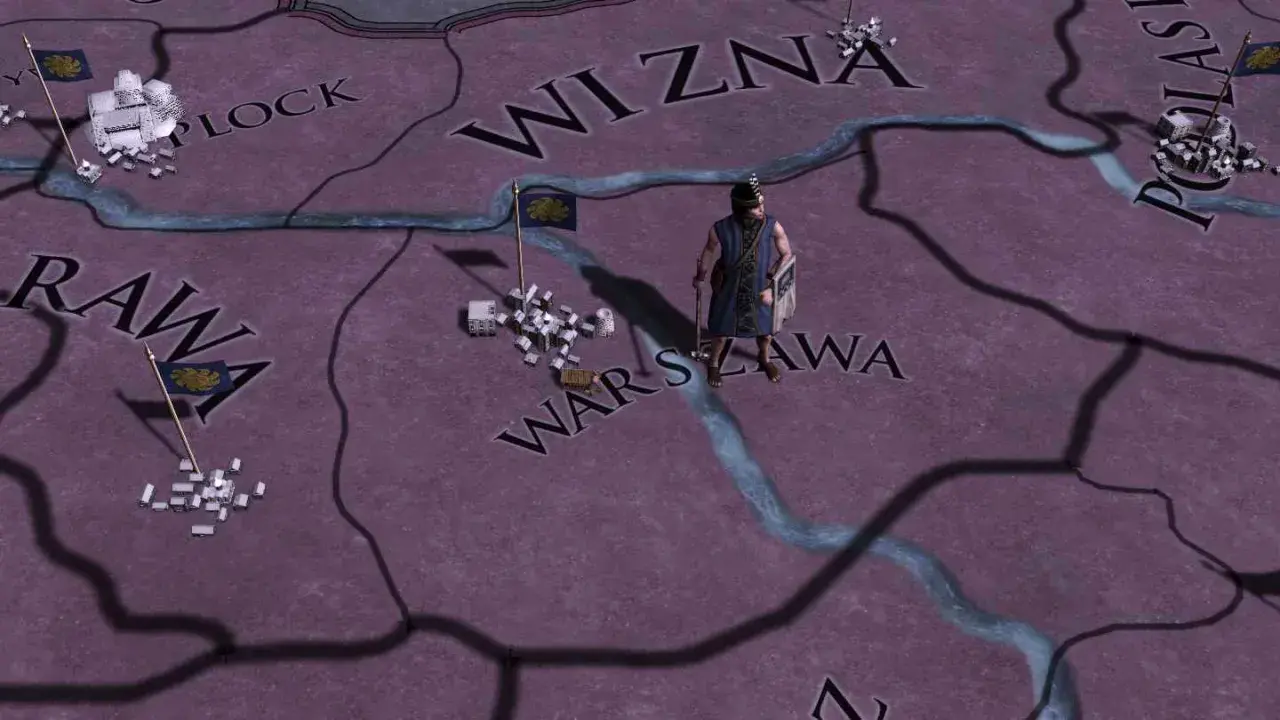 Mapa Europa Universalis 4 z widocznymi nazwami prowincji jak Płock, Rawa, Wizna, Warszawa. Postać w stroju historycznym stoi obok flagi.
