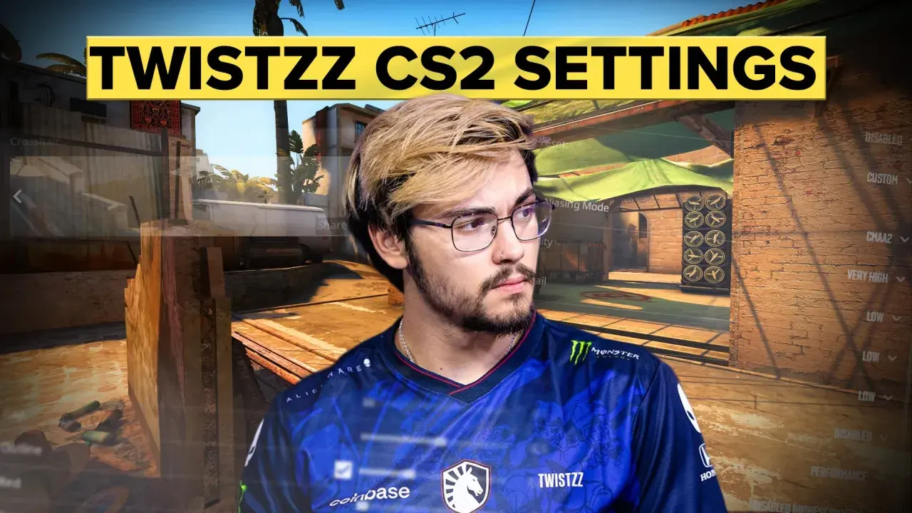 Gracz CS2, Twistzz, w swoim charakterystycznym stroju, z ustawieniami gry widocznymi w tle. Jego celownik, czyli twistzz crosshair, jest kluczowy dla precyzyjnych strzałów.