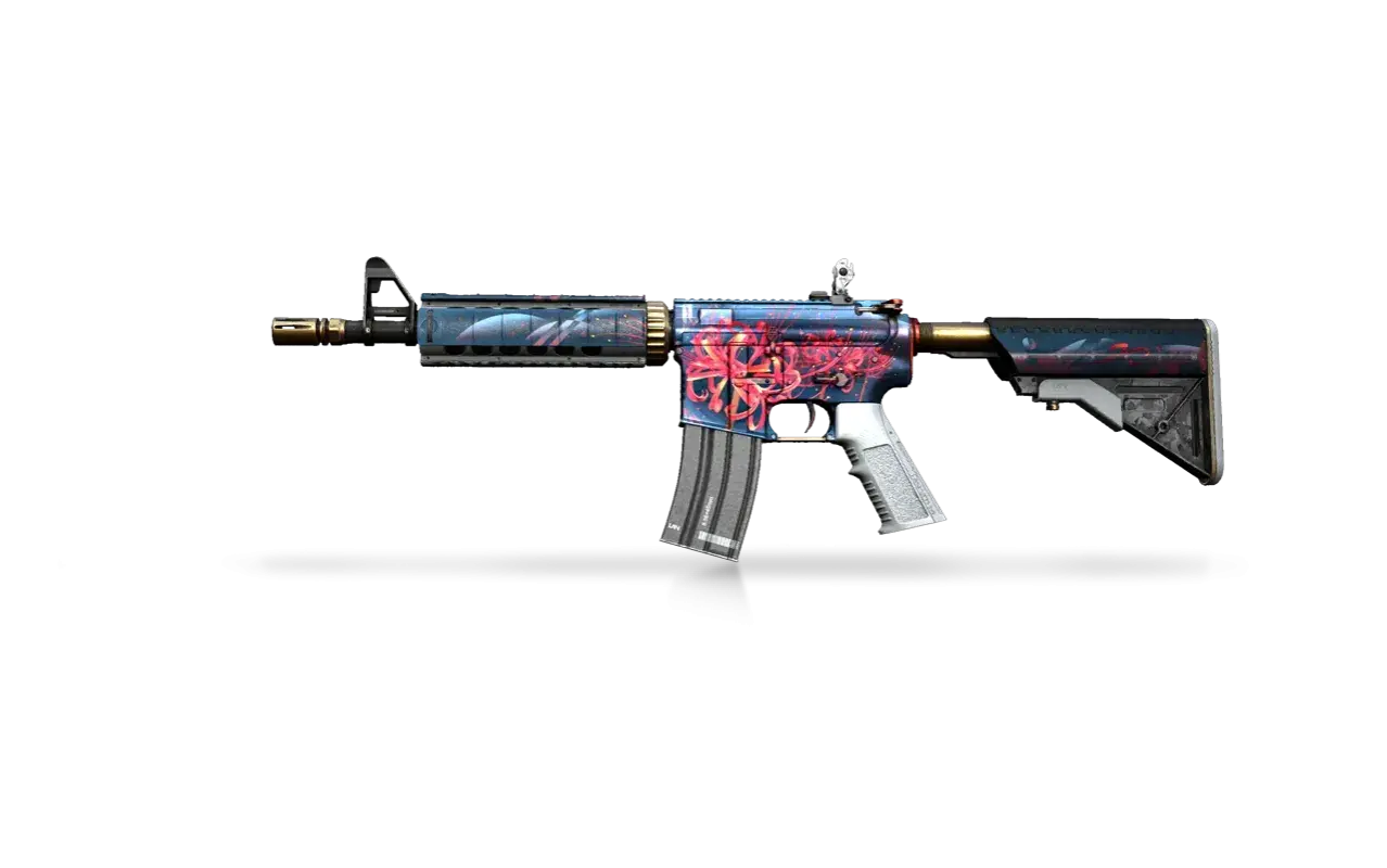 Karabin M4A4 z motywem czerwonych kwiatów i niebieskiego tła, idealny do operacje CS GO.