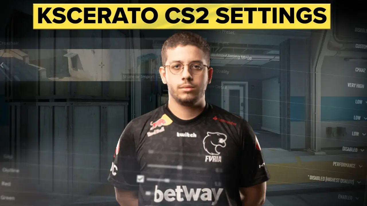 Kscerato CS2 settings z graczem w czarnej koszulce. Widoczne opcje graficzne gry.