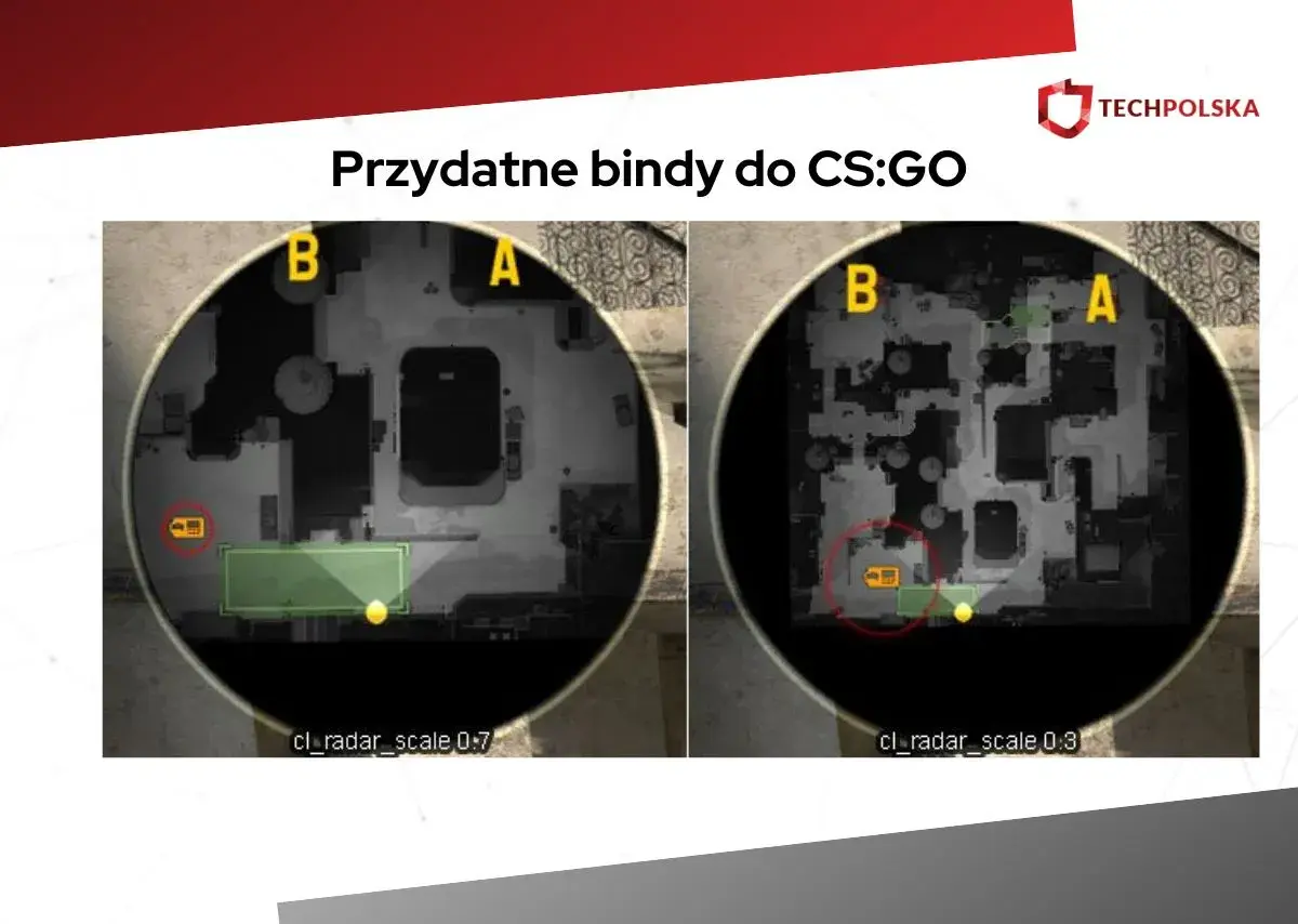 Dwie mapy z zaznaczonymi obszarami, pokazujące przydatne bindy do CS:GO.