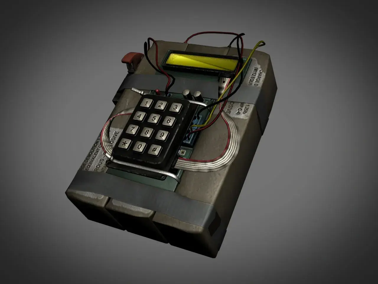 Bomba CS GO z klawiaturą numeryczną i wyświetlaczem, gotowa do aktywacji.