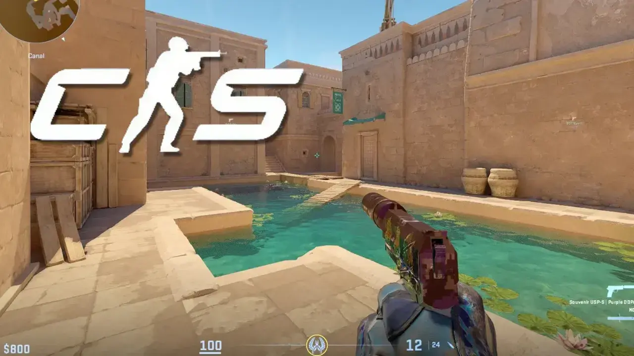 Gracz CS GO z pistoletem w ręku, gotowy do akcji w stylu Overwatch, na mapie Canal.