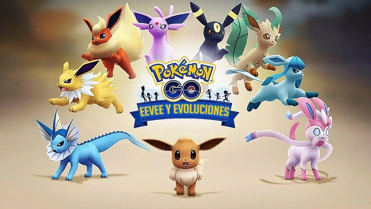 Wszystkie ewolucje Eevee z Pokémon GO, w tym Vaporeon, Jolteon, Flareon, Espeon, Umbreon, Leafeon, Glaceon i Sylveon, otaczają logo gry.