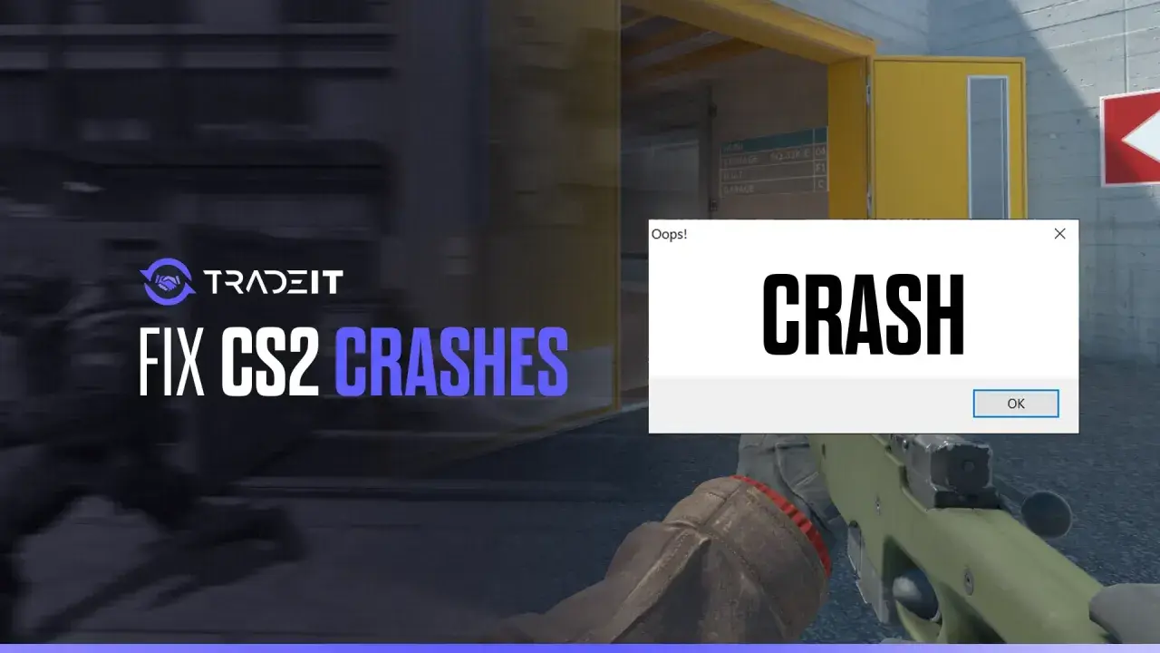 Komunikat "CRASH" na ekranie gry CS2, obok napisu "FIX CS2 CRASHES" i logo Tradeit.