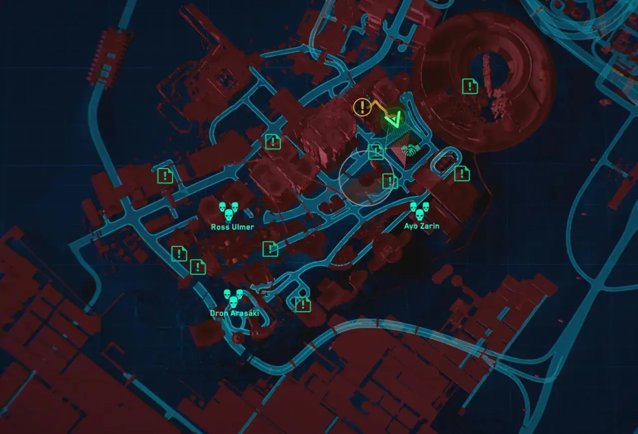 Mapa z gry z zaznaczonymi celami: Ross Ulmer, Ayo Zarin, Dron Arasaka. Wiele ikon zadań i zagrożeń. **Cyberpunk trofea** czekają!