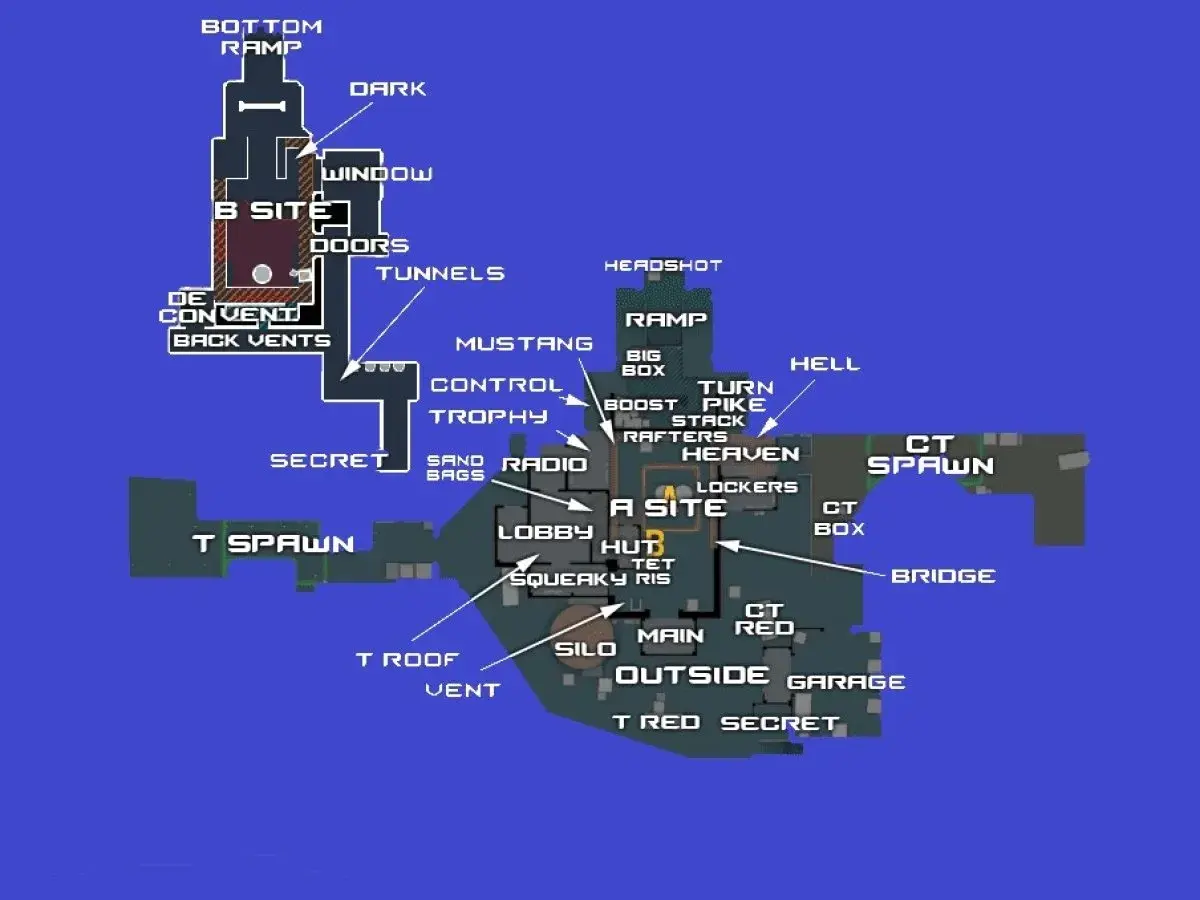 Mapa nuke z zaznaczonymi lokacjami: A Site, B Site, CT Spawn, T Spawn, Ramp, Hell, Garage.