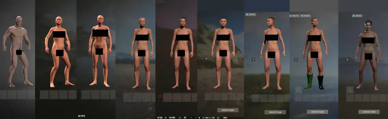 Postacie z gry Rust, prezentujące różne modele i opcje tworzenia postaci.