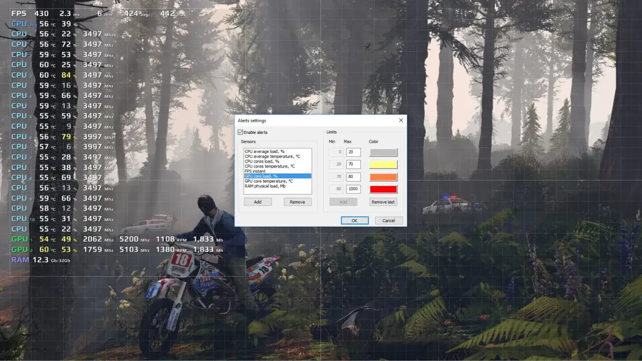Gra z wysokim FPS, monitorowanie CPU i GPU w lesie. Ustawienia alertów pokazują obciążenie rdzenia GPU.