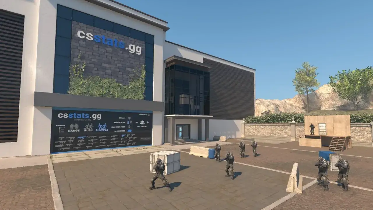 CS GO boty ćwiczą na placu przed budynkiem csstats.gg. W tle widać góry i drzewa.