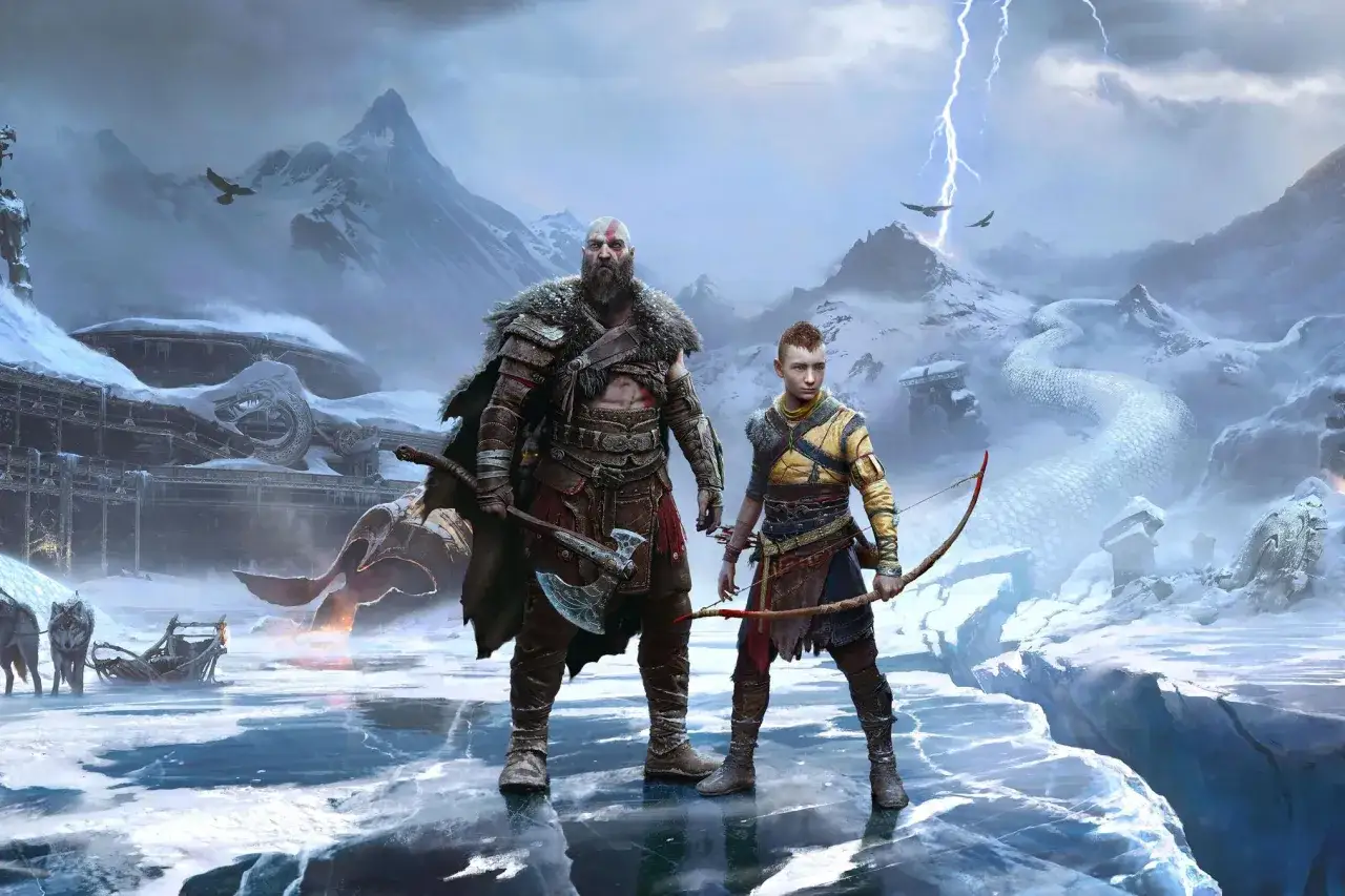 Kratos i Atreus na mroźnym tle. Długość gry God of War Ragnarök to epicka przygoda.