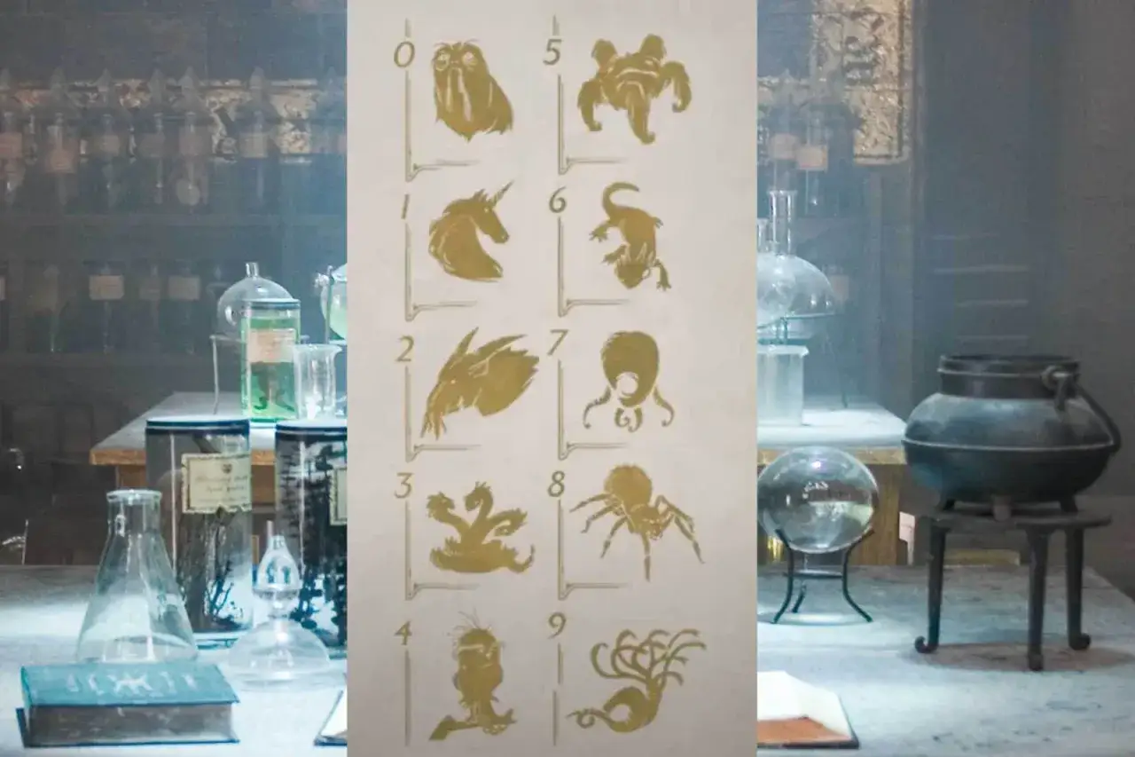 Hogwart Legacy zagadka z drzwiami: schemat z magicznymi stworzeniami od 0 do 9, potrzebny do rozwiązania łamigłówki.