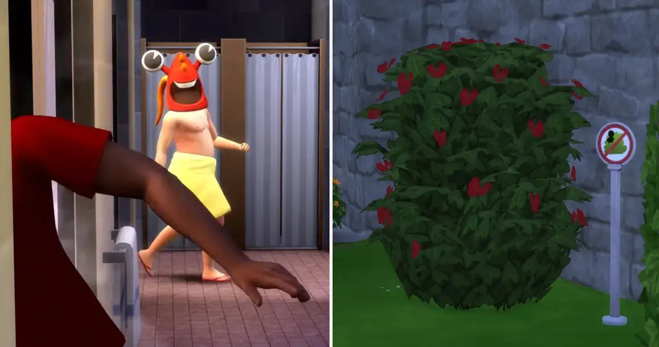 Sims 4: Sim w stroju kraba wychodzi z łazienki, a obok krzak z serduszkami i znak zakazu. Woohoo!