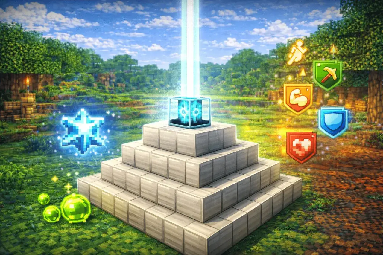 W grze Minecraft, latarnia morska emituje jasny promień światła, a obok niej znajdują się ikony bonus&oacute;w i magiczne przedmioty.