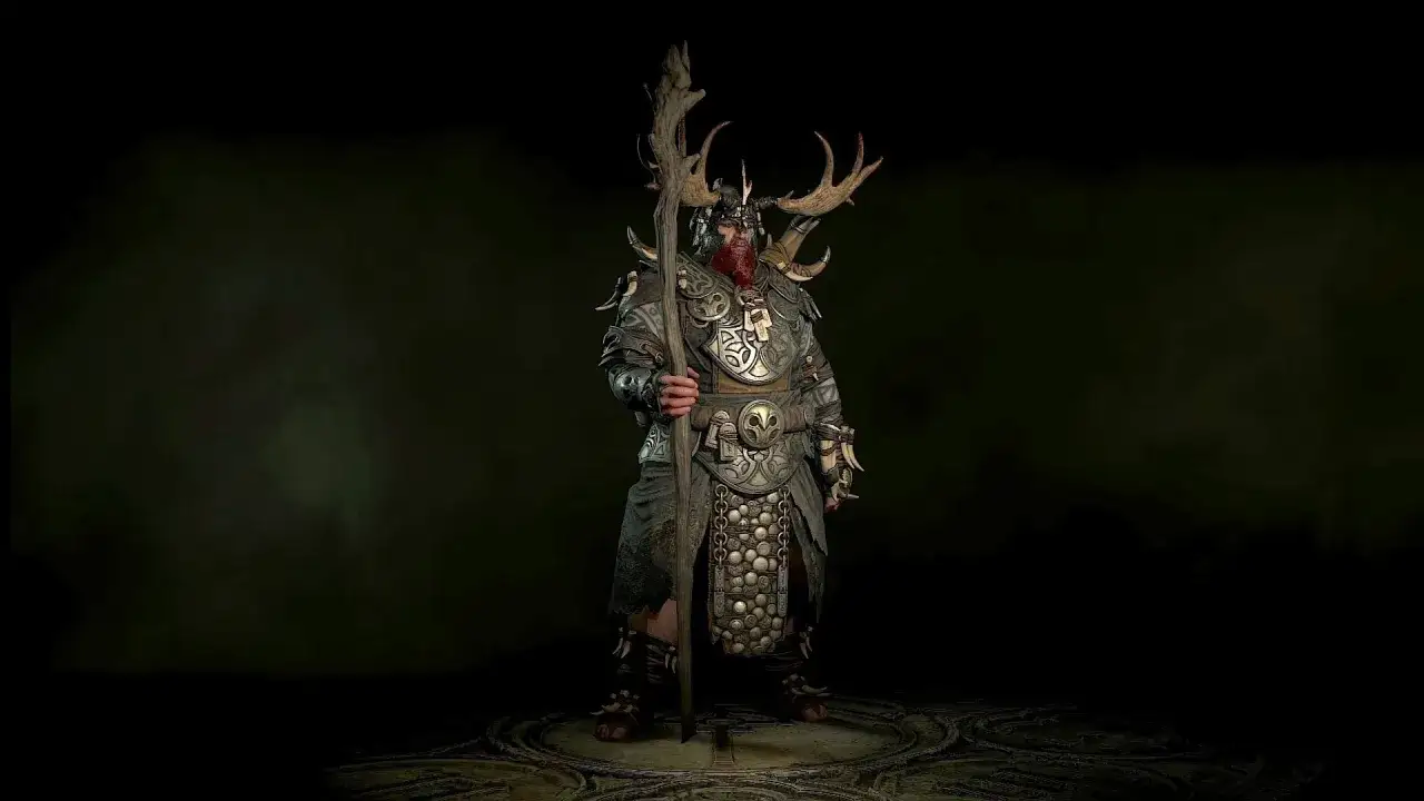 Potężny wojownik z rogami i kosturem, jedna z klas postaci w Diablo 4.
