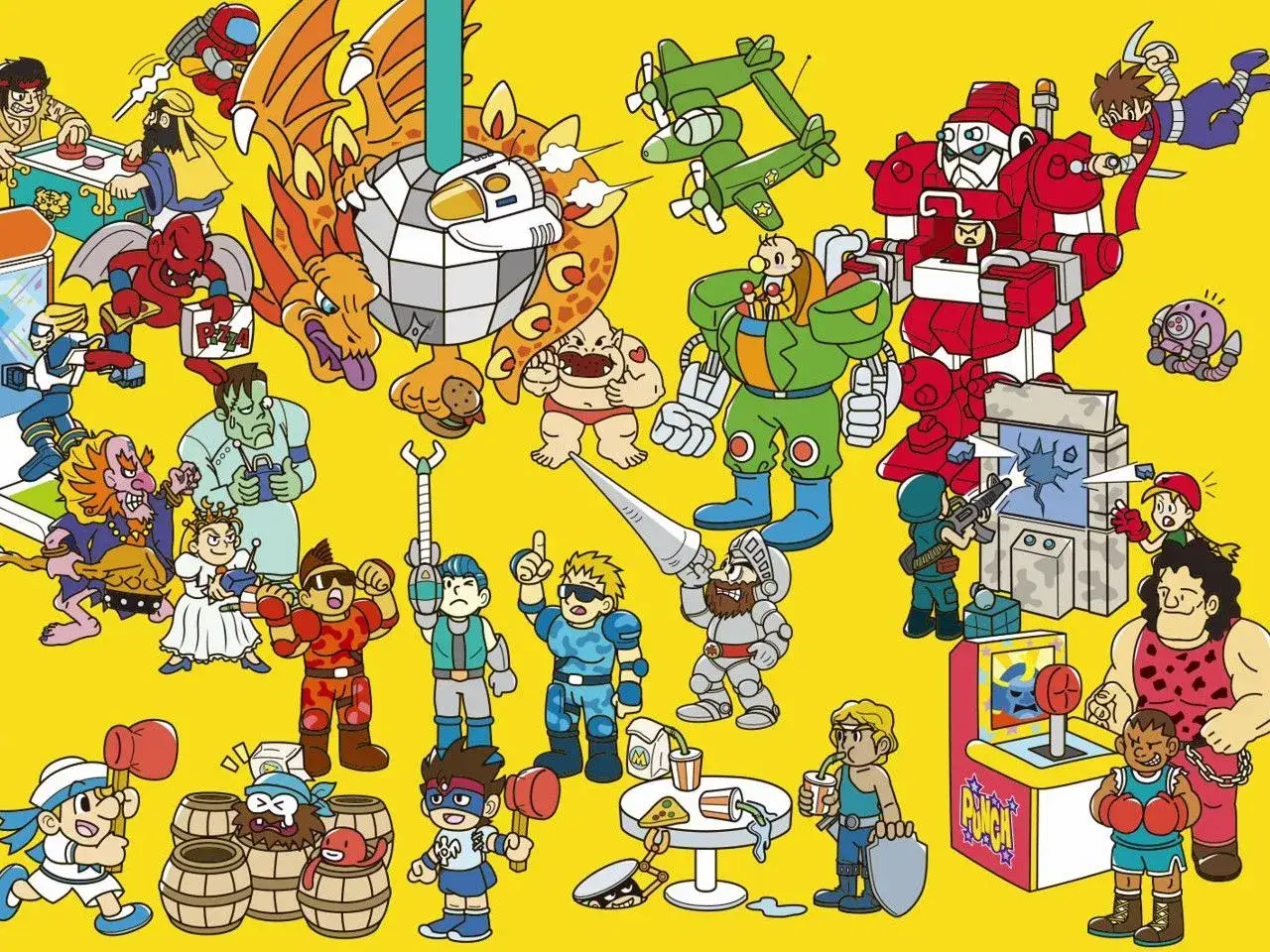 Kolorowa ilustracja postaci z gier z dzieciństwa na komputer. Widzimy tu roboty, smoki, wojowników i inne fantastyczne stwory.