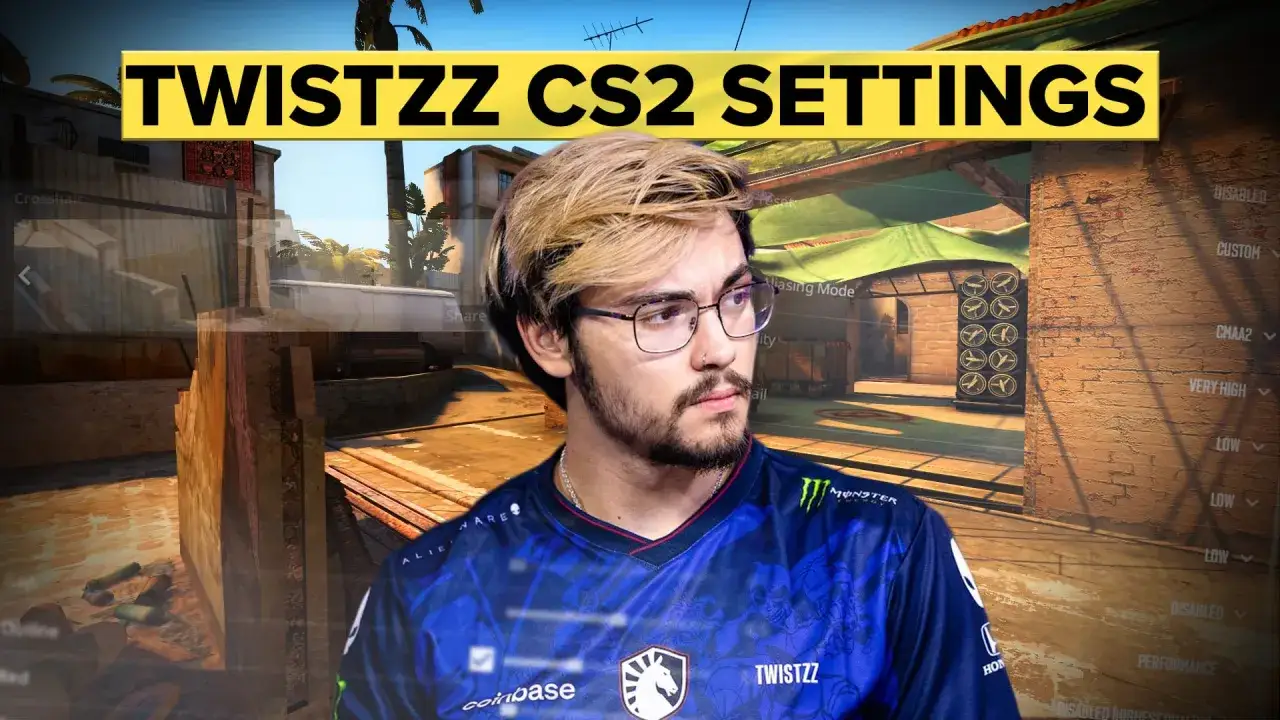Gracz CS2, Twistzz, z charakterystycznym celownikiem (crosshair) na ekranie ustawień gry.
