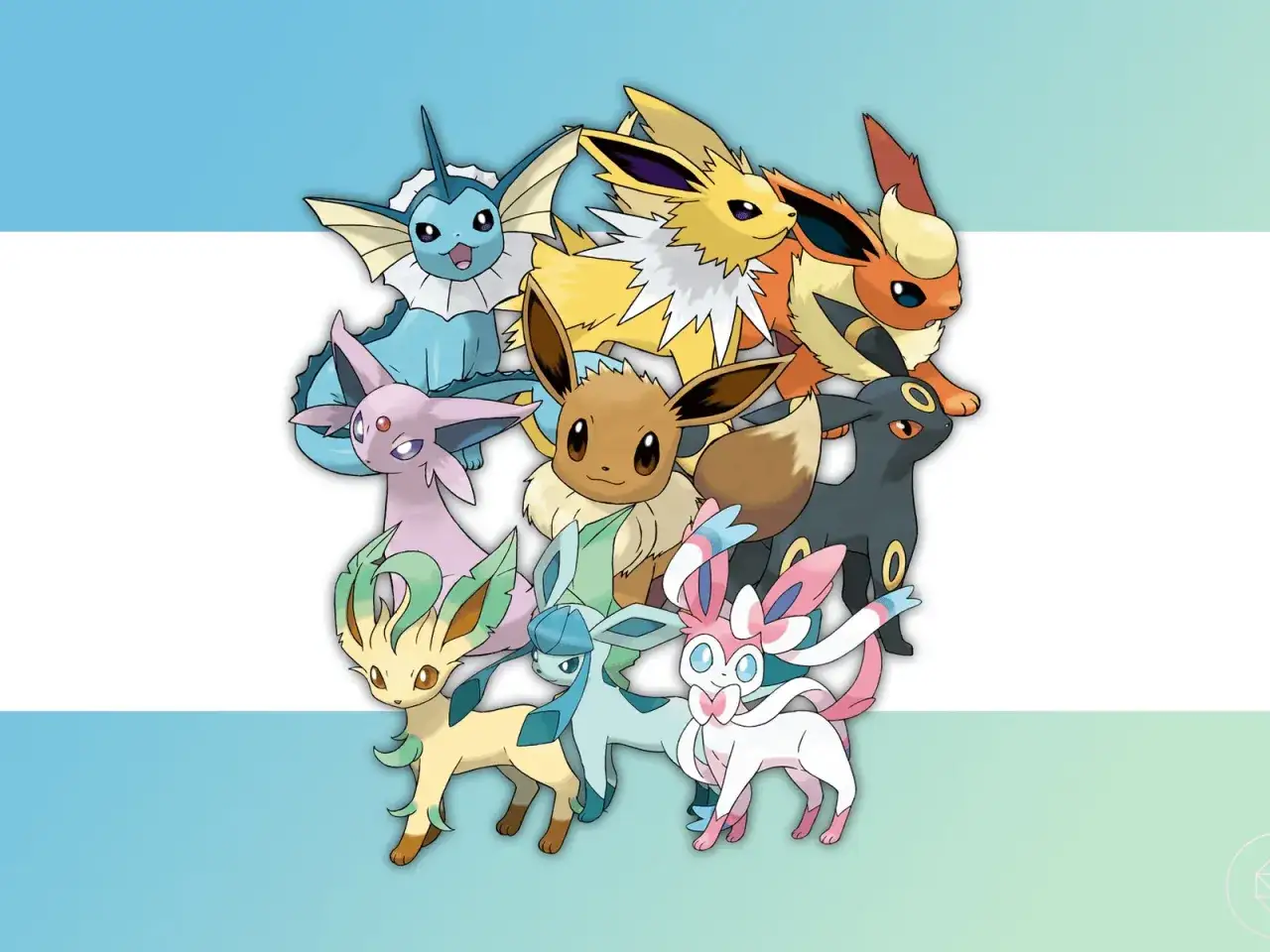 Wszystkie ewolucje Eevee z Pokémon GO zebrane razem: Vaporeon, Jolteon, Flareon, Espeon, Umbreon, Leafeon, Glaceon i Sylveon.
