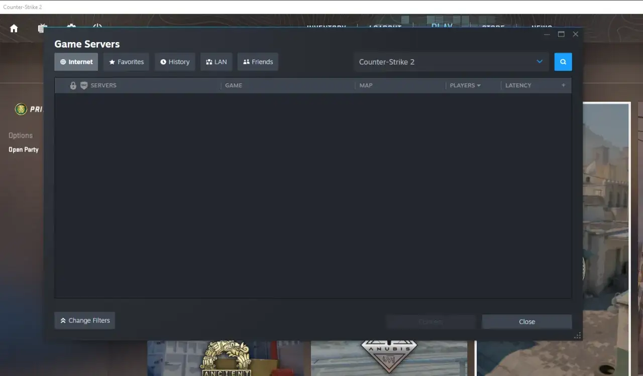 Okno gry Counter-Strike 2 z listą dostępnych serwerów. Można tu przeglądać serwery CS2, szukać ulubionych lub znajomych.