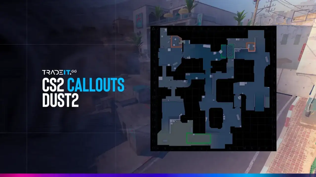 Mapa CS2 Dust2 z zaznaczonymi miejsc&oacute;wkami. Poznaj kluczowe punkty na mapie, by lepiej komunikować się z drużyną.