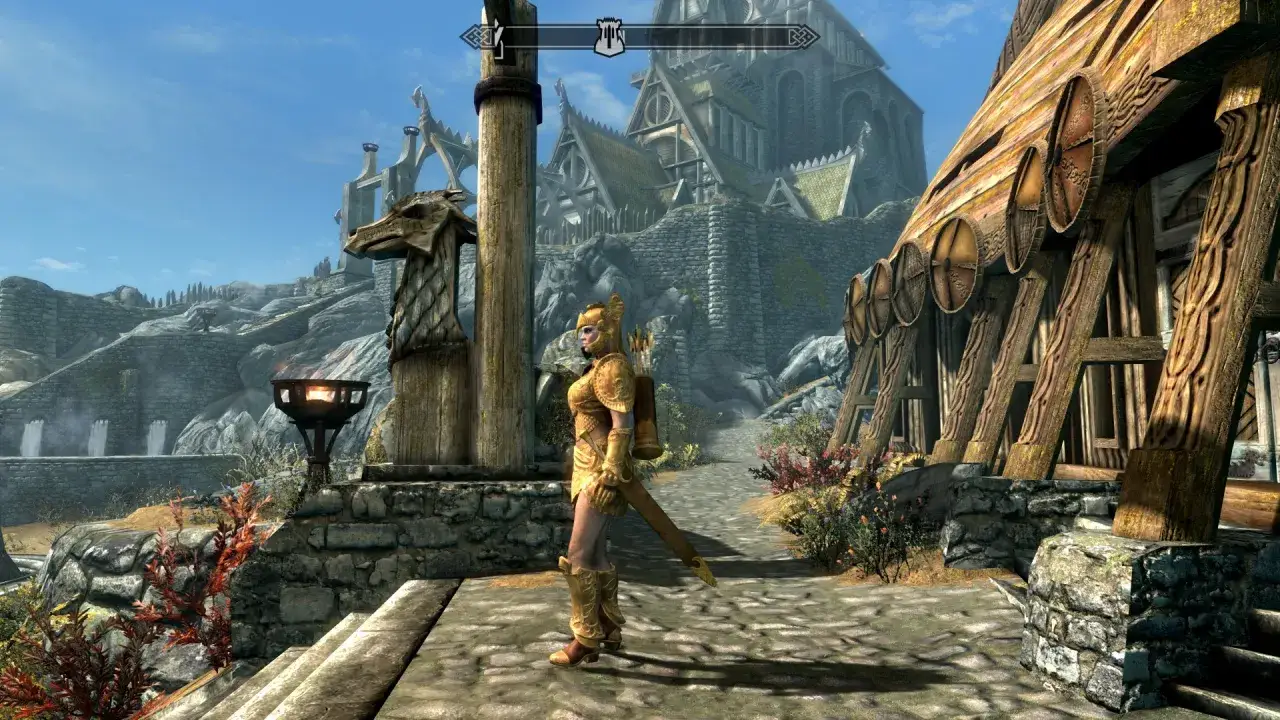 Postać w złotej zbroi w Skyrim, jakby przeszła przez noclip, stoi przed kamiennym budynkiem i smoczą głową.