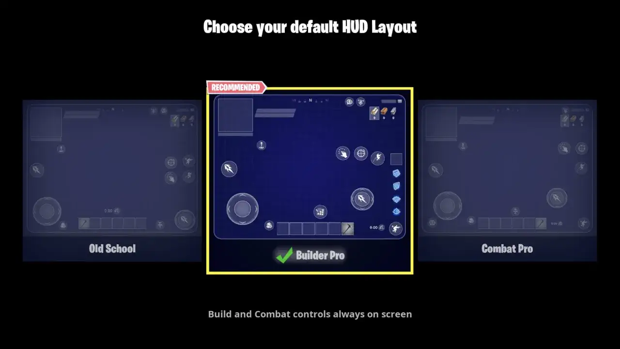 Wybór układu sterowania w Fortnite na telefonie. Zobacz, jak zainstalować Fortnite i wybrać najlepszy układ dla siebie: Old School, Builder Pro (zalecany) lub Combat Pro.