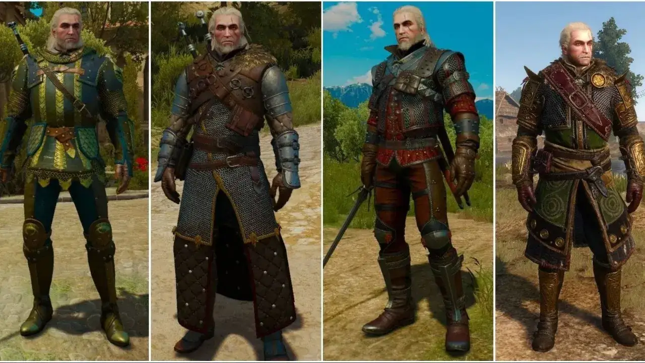 Geralt w czterech różnych zbrojach, prezentujących najlepszy rynsztunek wiedźmina 3. Każdy strój ma unikalny styl i kolorystykę.