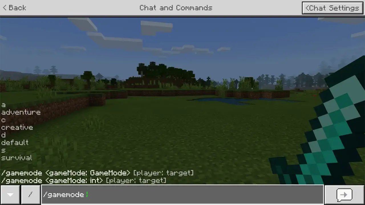 Wpisujesz kody do Minecraft, aby zmienić tryb gry. Widzisz opcje: adventure, creative, default, survival.