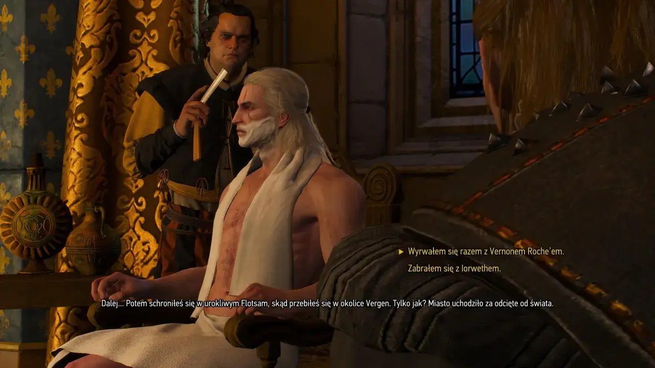 Geralt z Rivii podczas symulacji wyborów z w2, gdy golony jest przez pomocnika.