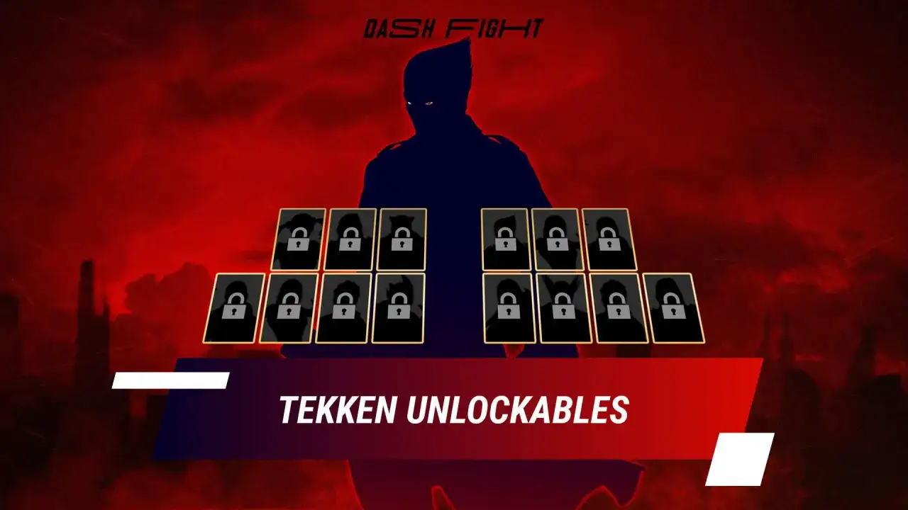 Dowiedz się, jak odblokować postacie w Tekken 7. Na tle czerwonego nieba widać sylwetkę wojownika i rzędy zablokowanych kart postaci.