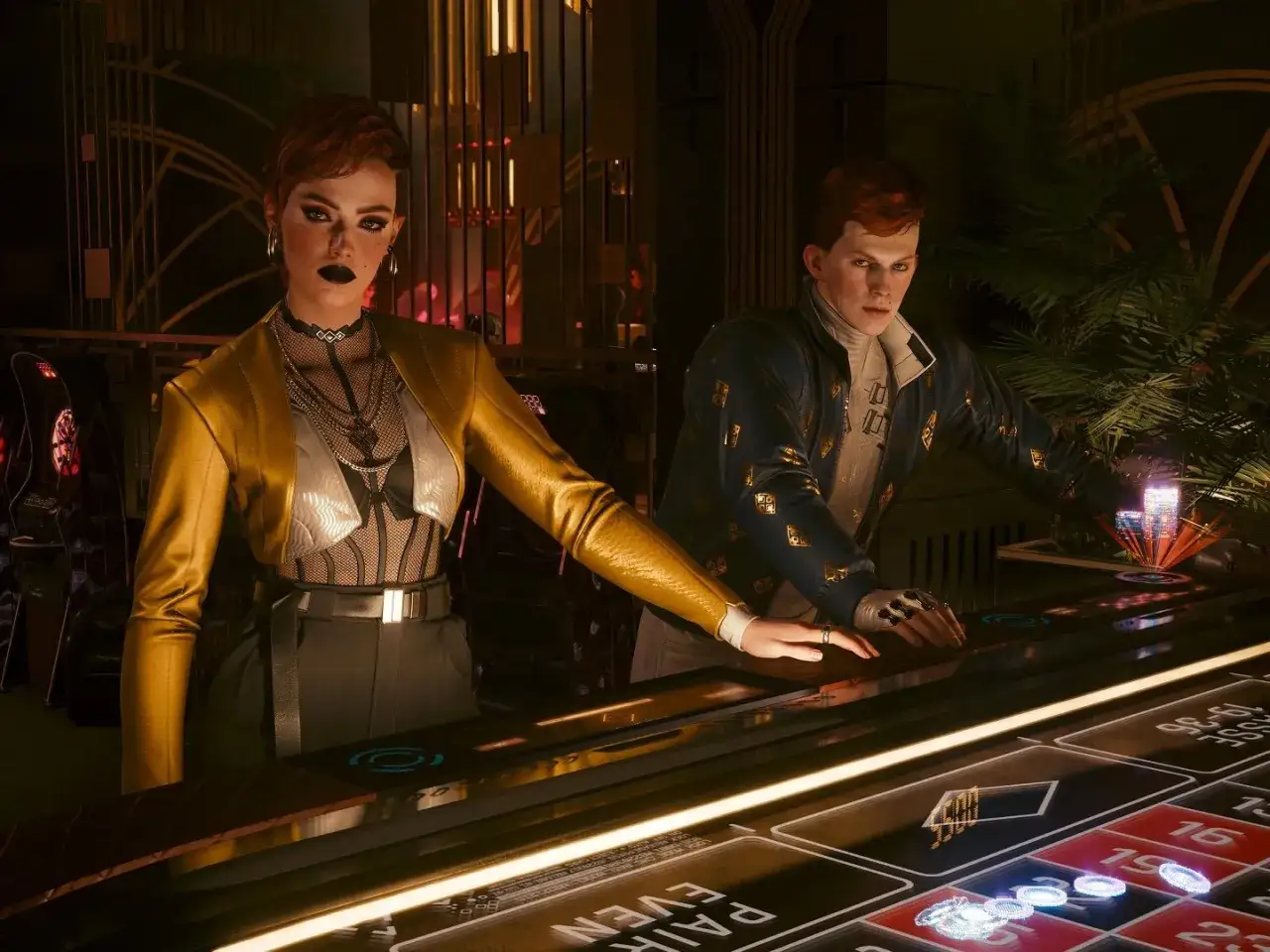 Para w stylu czarne czy czerwone cyberpunk przy stole do gry. Ona w ż&oacute;łtej kurtce, on w ozdobnej.