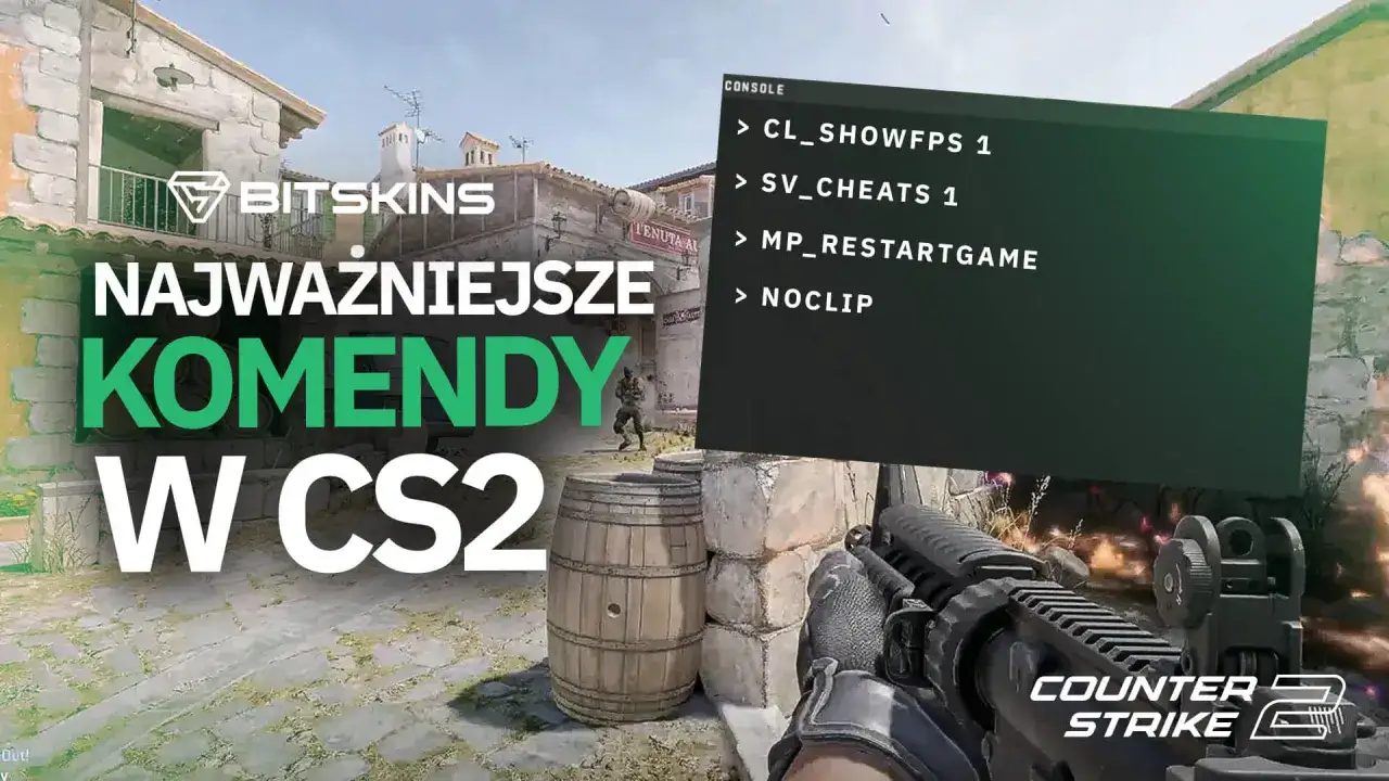 Najważniejsze komendy w CS2, w tym sv_cheats 1, wyświetlone na ekranie konsoli.