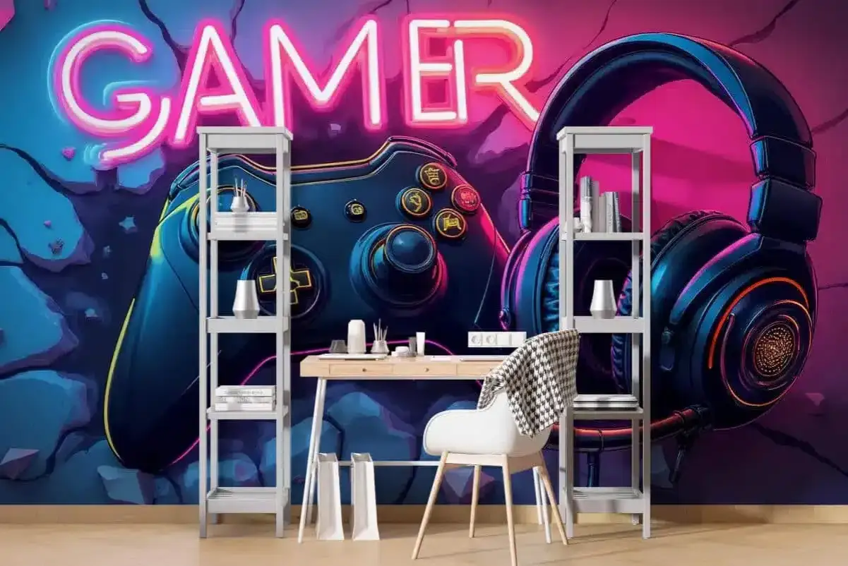 Neonowy napis GAMER nad biurkiem z kontrolerem i słuchawkami. Idealne miejsce dla gracza, by wybrać swój nick do gry.