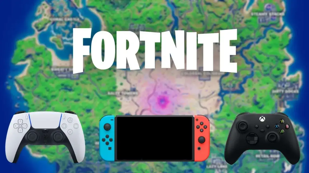 Kontrolery do gier PlayStation, Switch i Xbox na tle mapy Fortnite. Czas na zmianę nicku Fortnite!