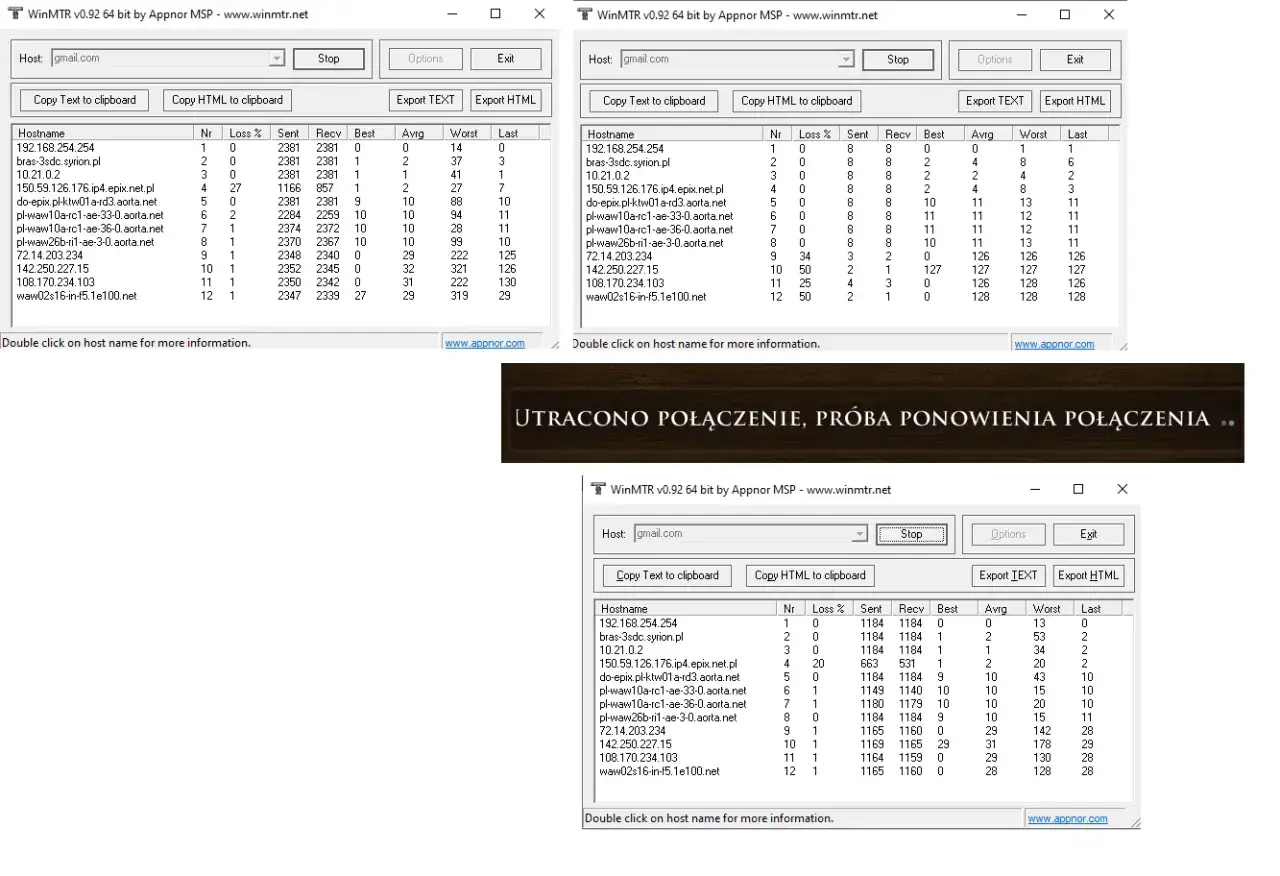 Utracono połączenie, pr&oacute;ba ponowienia. WinMTR pokazuje wysoki packet loss, co może być przyczyną problem&oacute;w z siecią.