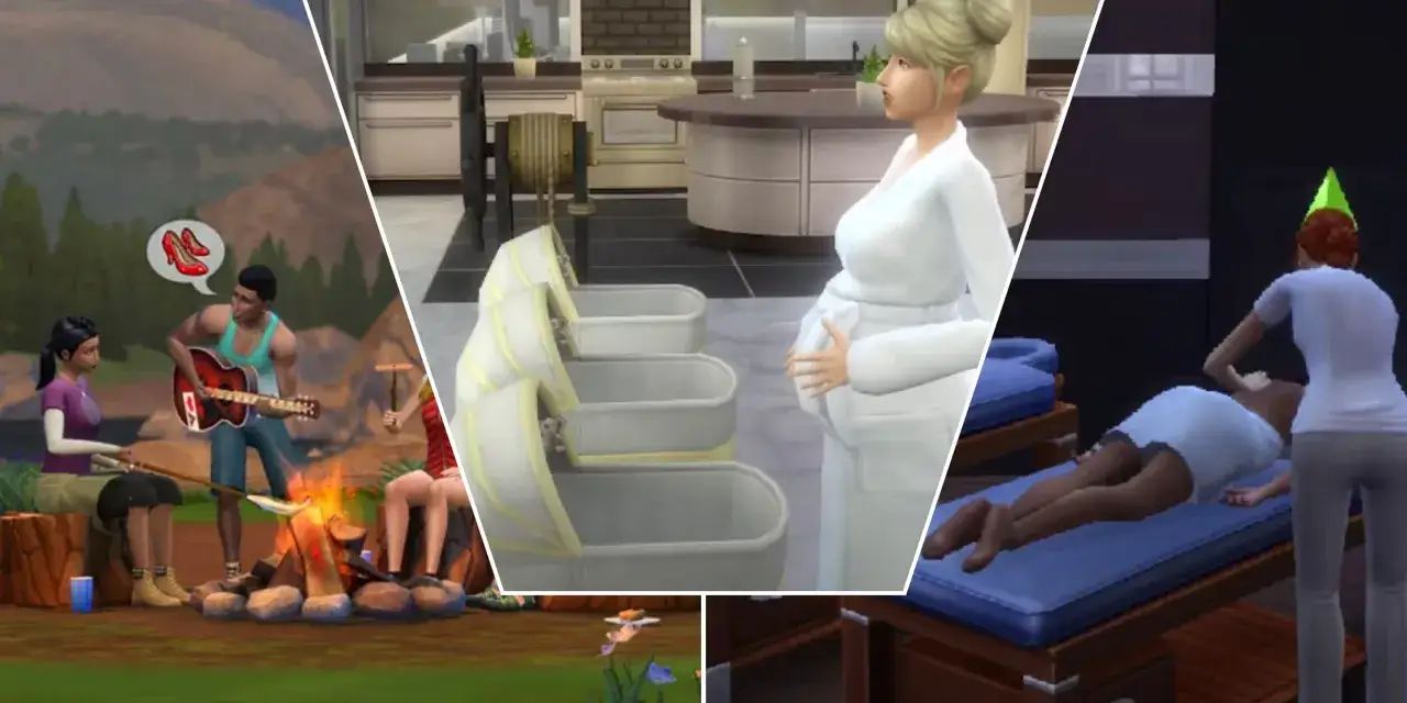Scena z gry The Sims 4: ciąża, kody do gry, maluchy w łóżeczkach, masaż i ognisko.