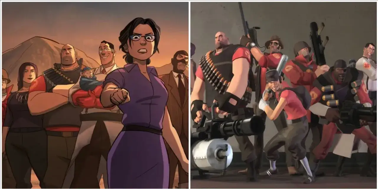 Dwie grupy postaci z gry Team Fortress 2, jedna w stylu rysunkowym, druga w 3D, prezentują różne tf2 classes.