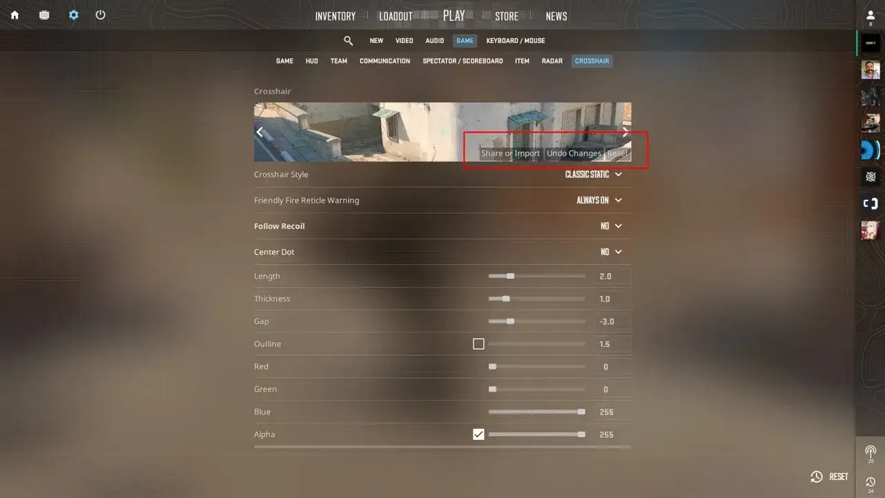 Ustawienia celownika w grze, opcje edycji ropz crosshair, suwaki grubości, długości i koloru.