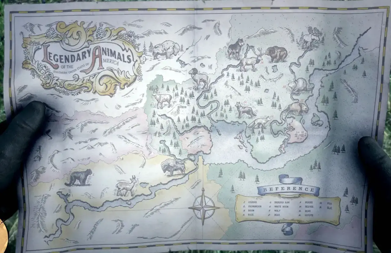 Mapa z zaznaczonymi legendarnymi zwierzętami RDR2: niedźwiedzie, wilki, łosie, bizony i inne.