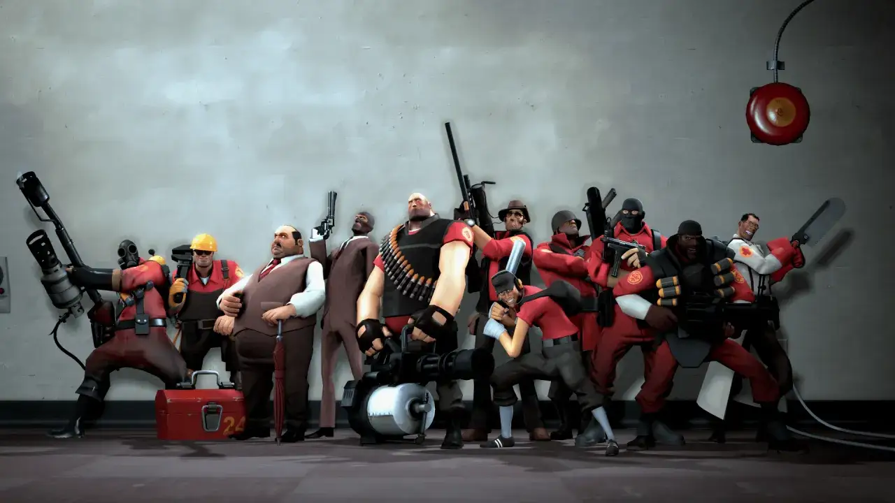 Grupa tf2 characters w czerwonych strojach, z bronią i narzędziami, gotowa do akcji.