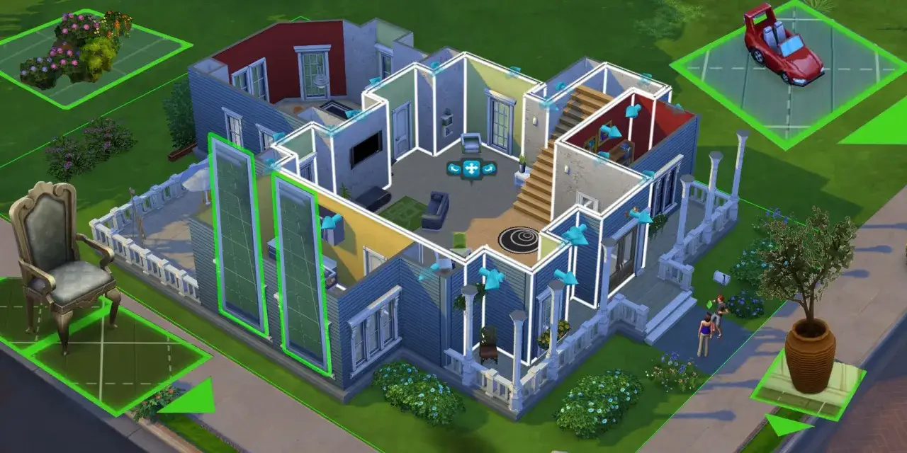 Widok domu w The Sims 4 z zaznaczonymi obiektami, jakby użyto kod na zablokowane obiekty. Widać meble, rośliny i samochód.