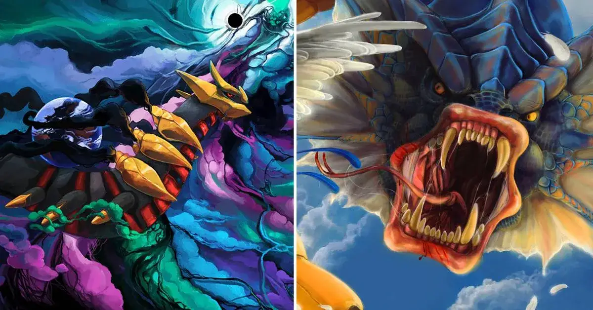 Giratina i Gyarados, dwa potężne Pokémony, w epickiej walce. Jeden z nich to najpotężniejszy Pokémon.