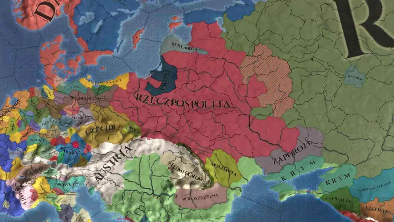 Mapa Europy z gry Europa Universalis 4, widoczna Rzeczpospolita, Austria, Czechy i inne państwa. Spolszczenie gry działa świetnie!